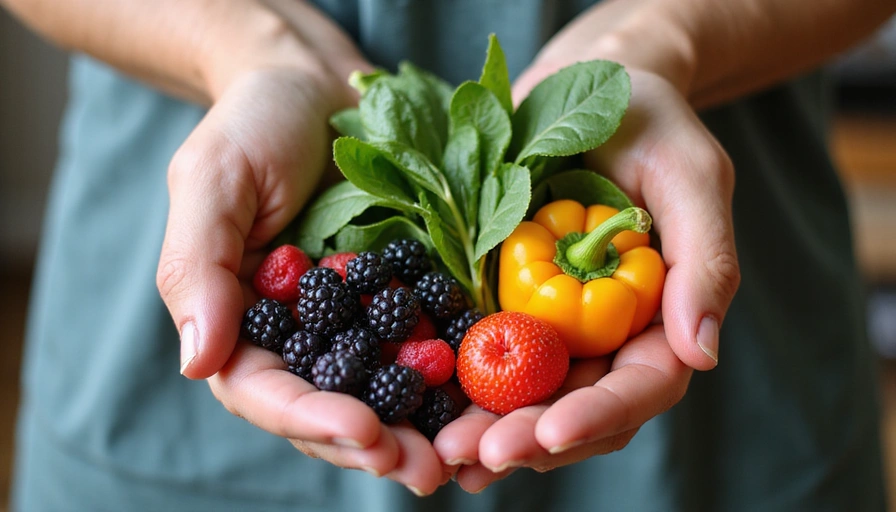 A close-up of hands holding fresh, colorful produce like berries, spinach, and bell peppers, symbolizing healthy eating and a vibrant lifestyle.