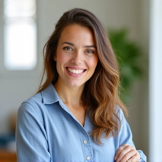 A friendly portrait of a female nutritionist with a warm smile, wearing professional attire in a bright setting.