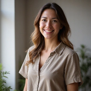 A warm portrait of a female nutritionist, specializing in family nutrition, with a gentle smile, in a cozy, natural light setting.