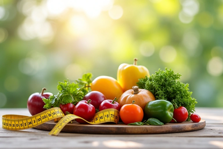 A serene image of a balanced diet, with a measuring tape subtly integrated, symbolizing holistic wellness and personalized health journeys.