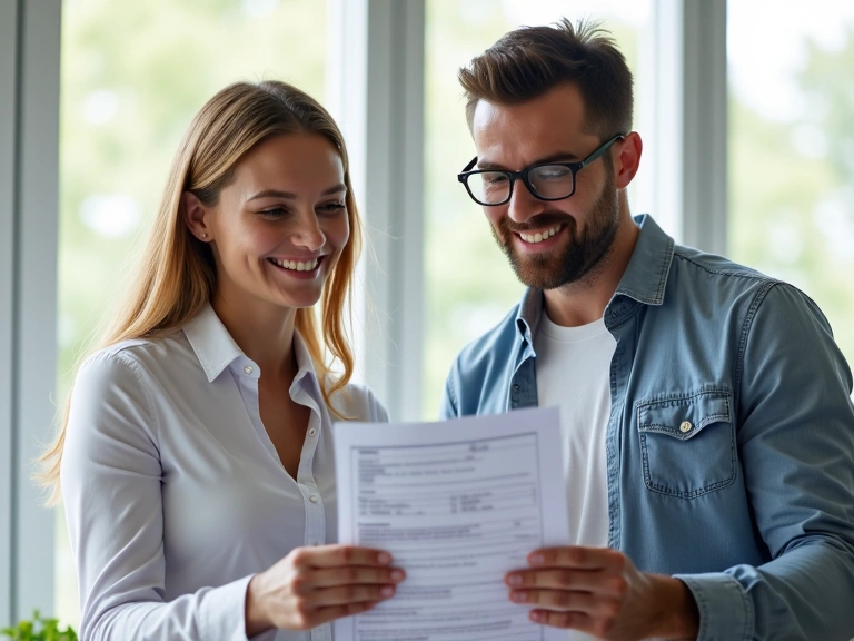 A professional and friendly nutritionist consulting with a client in a modern, brightly lit office, looking at a personalized diet plan together. Both are smiling.