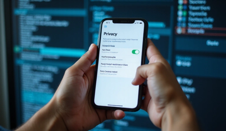 A person considering their privacy settings on a digital device, symbolizing data collection and user control.