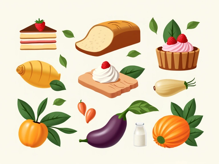 A variety of specific food items arranged to represent different dietary needs, such as gluten-free bread, diabetic-friendly snacks, and allergy-friendly symbols.