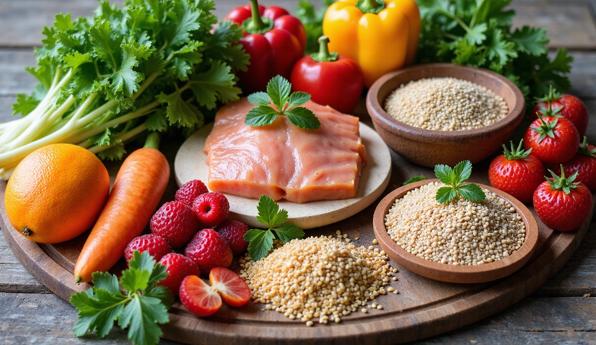 Assortment of healthy and colorful fruits, vegetables, and grains on a rustic wooden table, representing diverse nutrition.