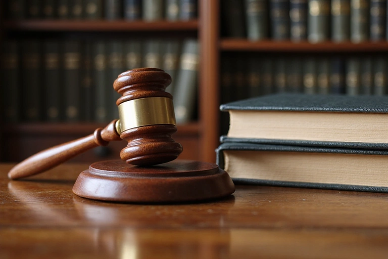 A gavel and legal books on a wooden desk, symbolizing governing law and legal proceedings.