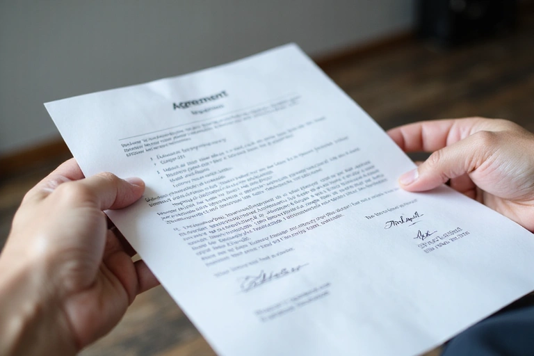 Hand holding a document with legal terms on it, symbolizing acceptance of terms.